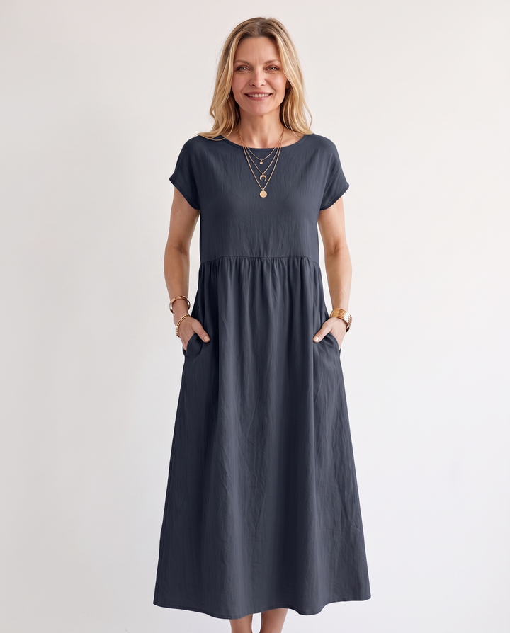 Woman wearing effortless linen midi dress