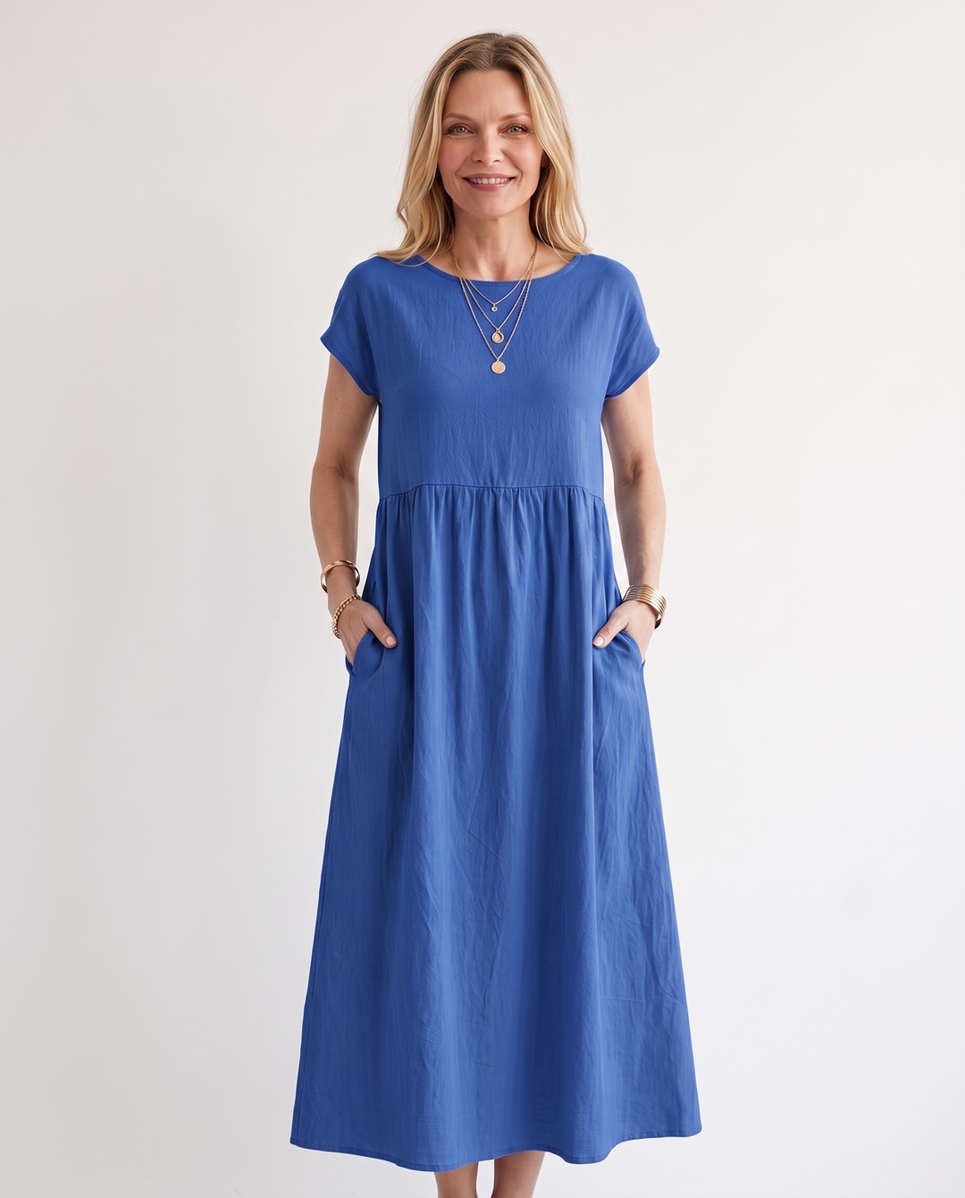 Woman wearing effortless linen midi dress