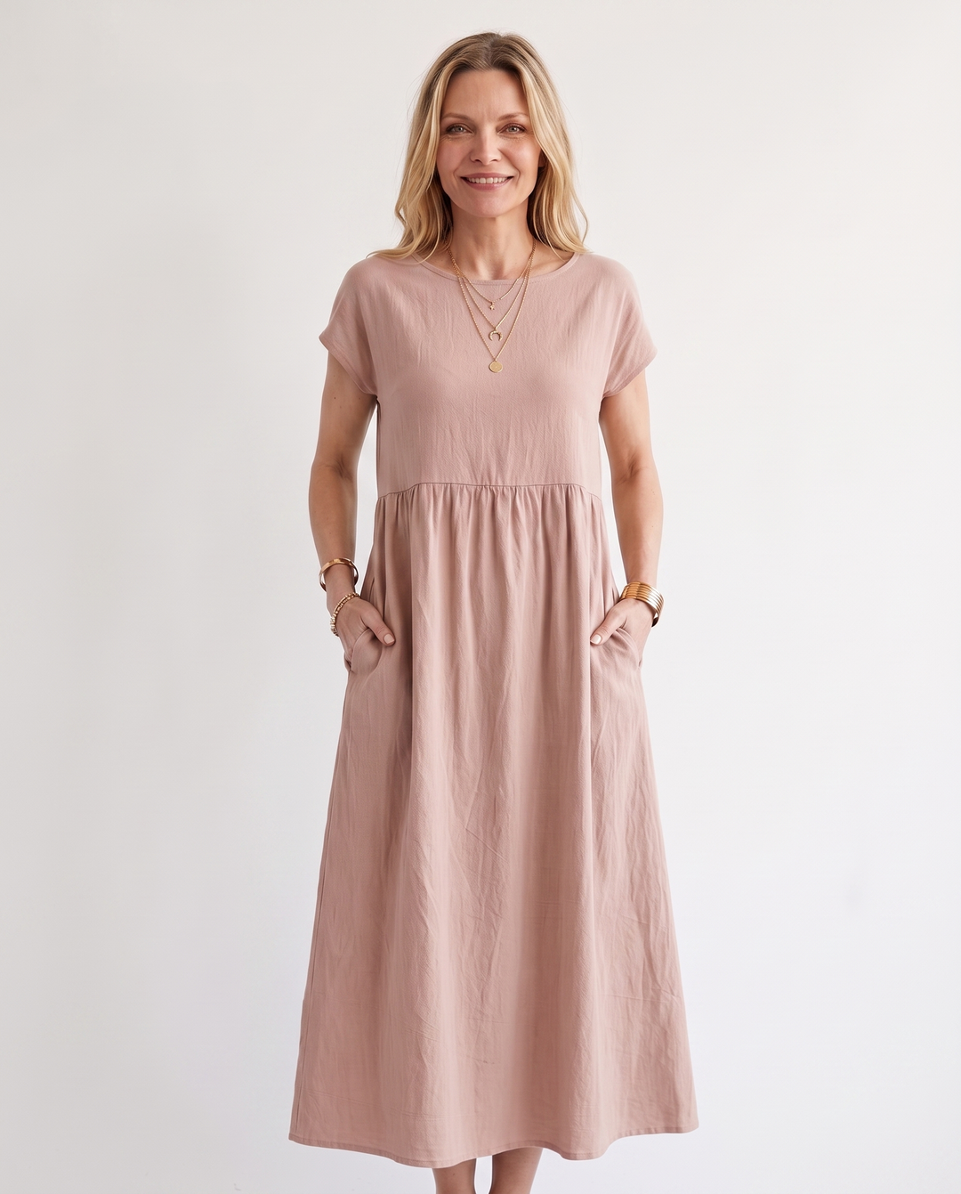 Woman wearing effortless linen midi dress