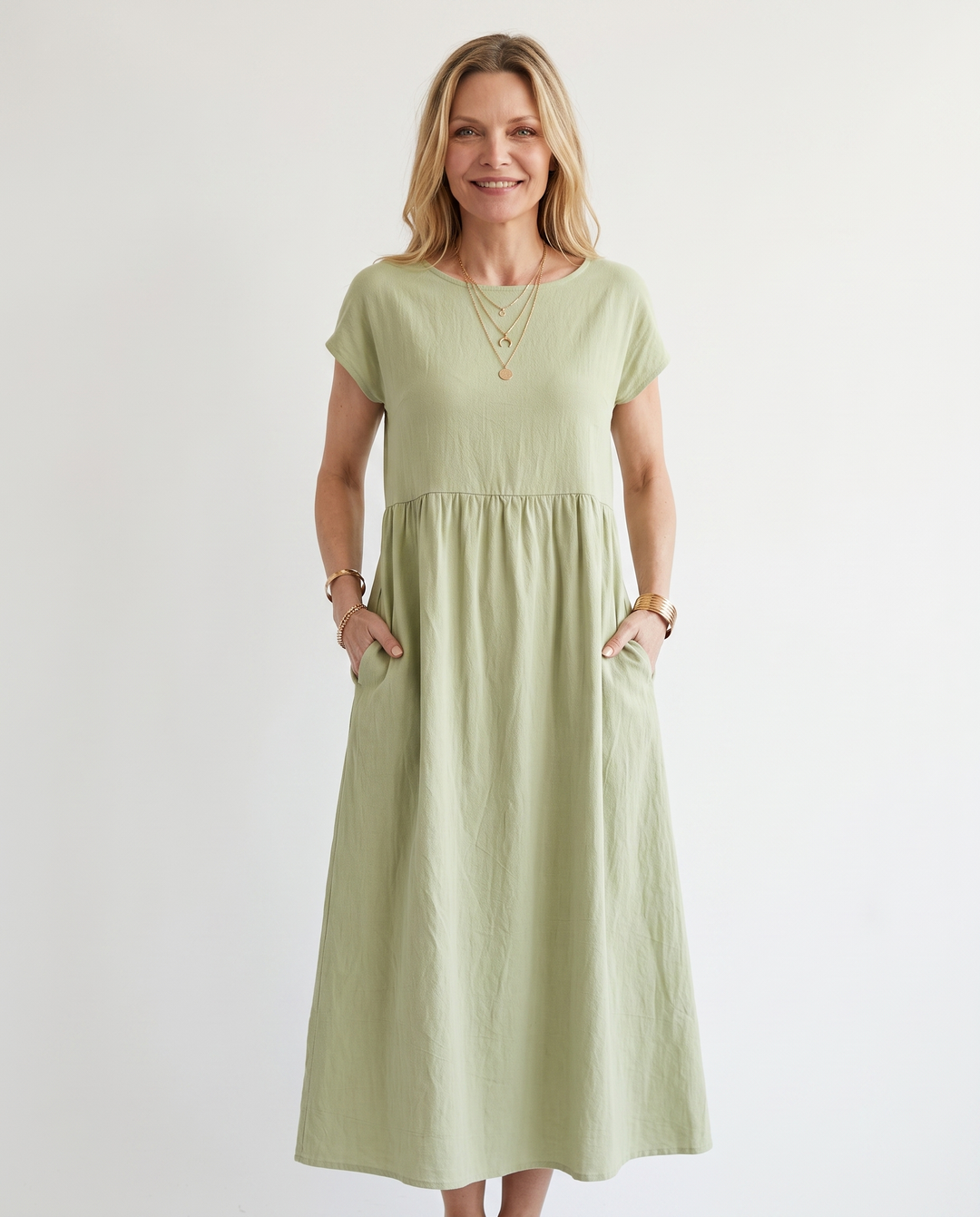 Woman wearing effortless linen midi dress