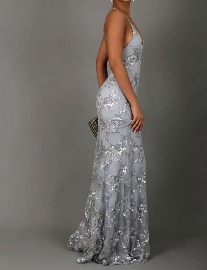 Woman wearing sequin mermaid maxi dress