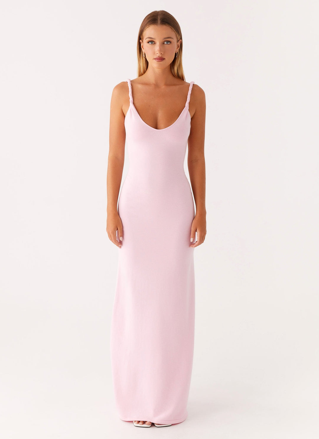 Woman wearing soft blue maxi dress