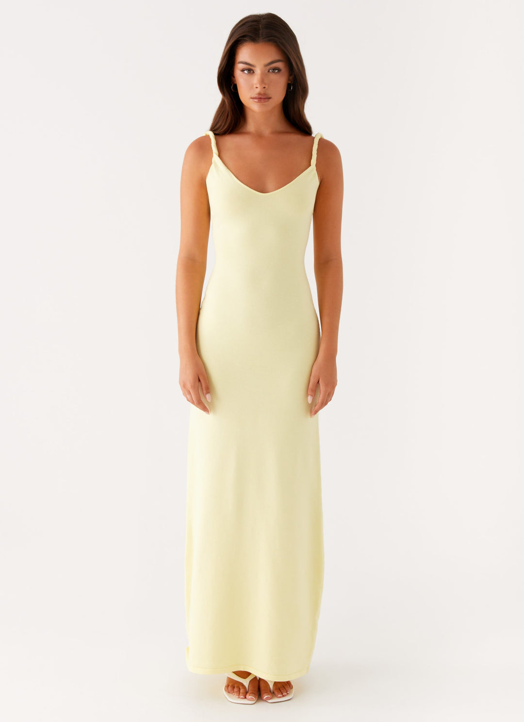 Woman wearing soft blue maxi dress