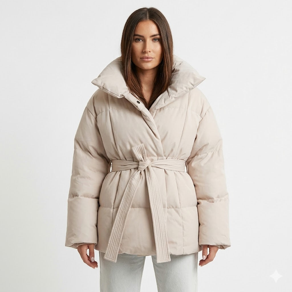 Melanie Perrault | Belted Puffer Jacket with Statement Collar - Image 1