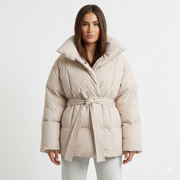 Melanie Perrault | Belted Puffer Jacket with Statement Collar - Image 1