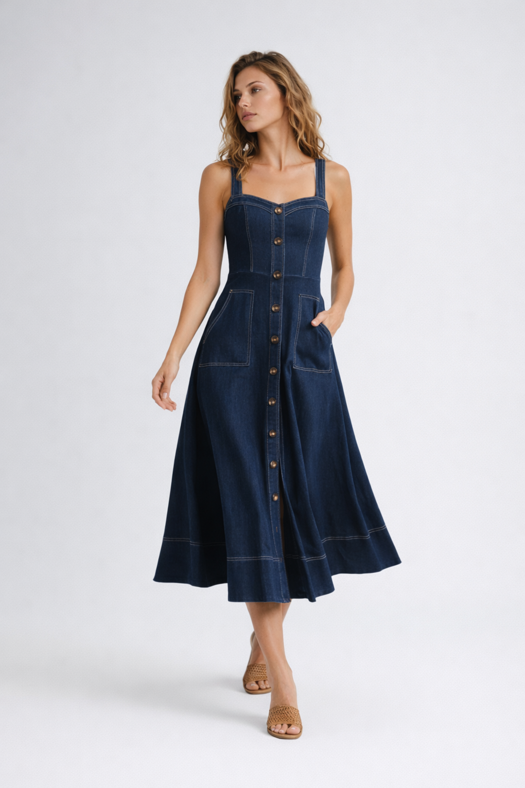 Woman wearing denim midi dress