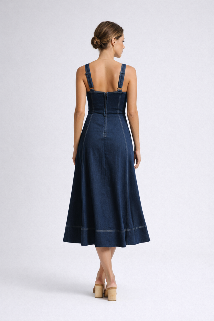 Woman wearing denim midi dress