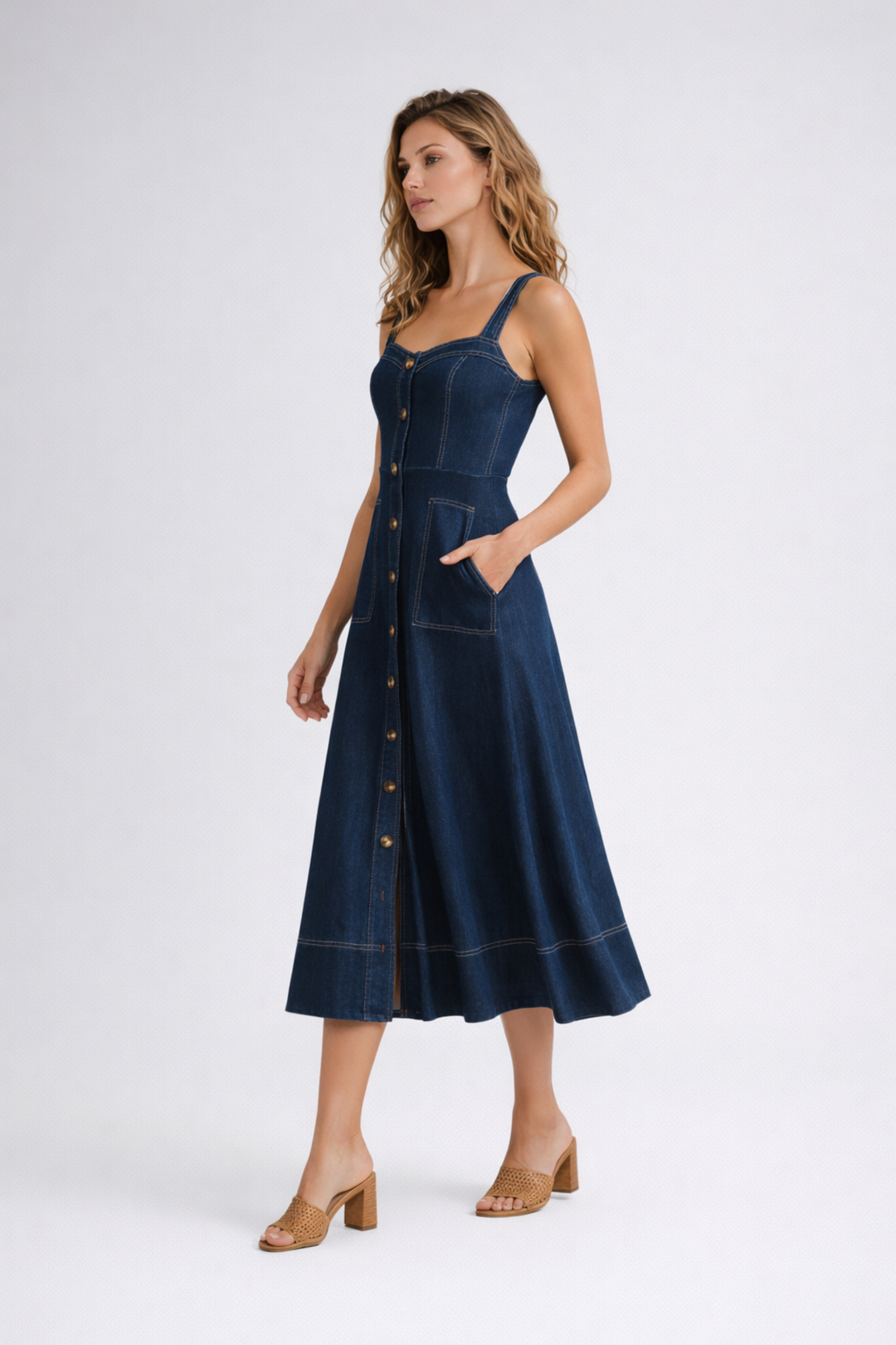 Woman wearing denim midi dress