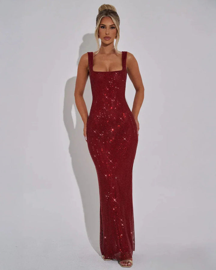 Woman wearing red sequin maxi dress
