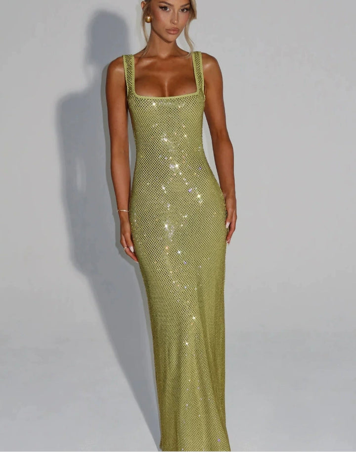 Woman wearing red sequin maxi dress