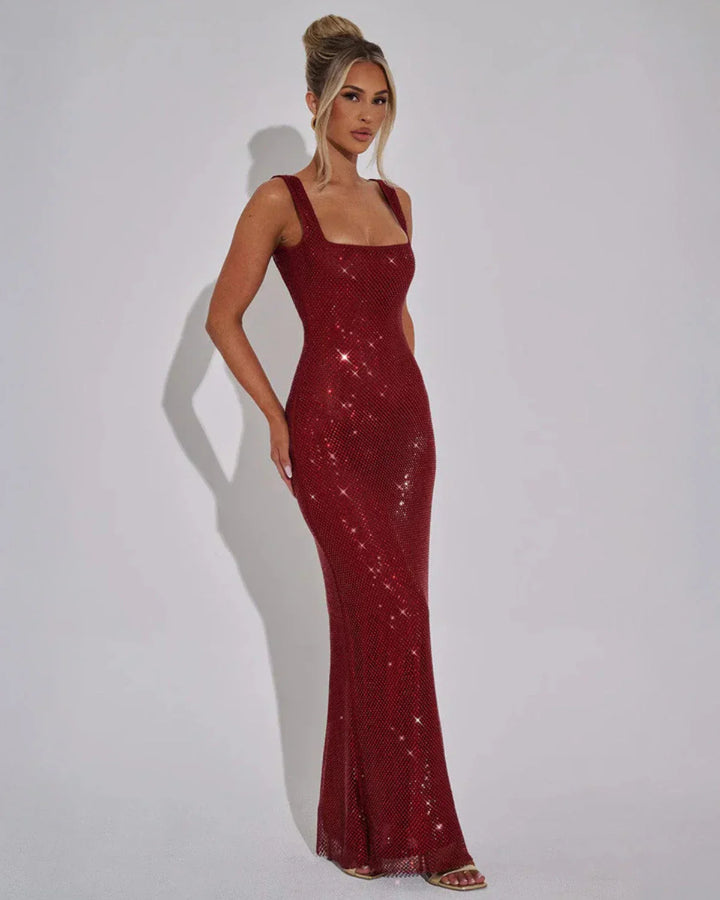 Woman wearing red sequin maxi dress