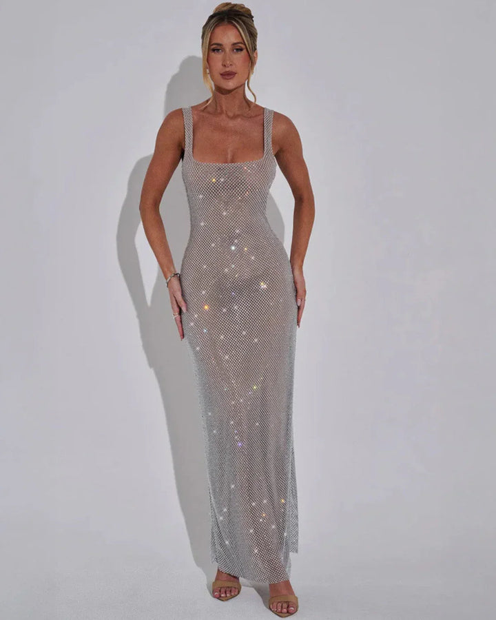 Woman wearing red sequin maxi dress