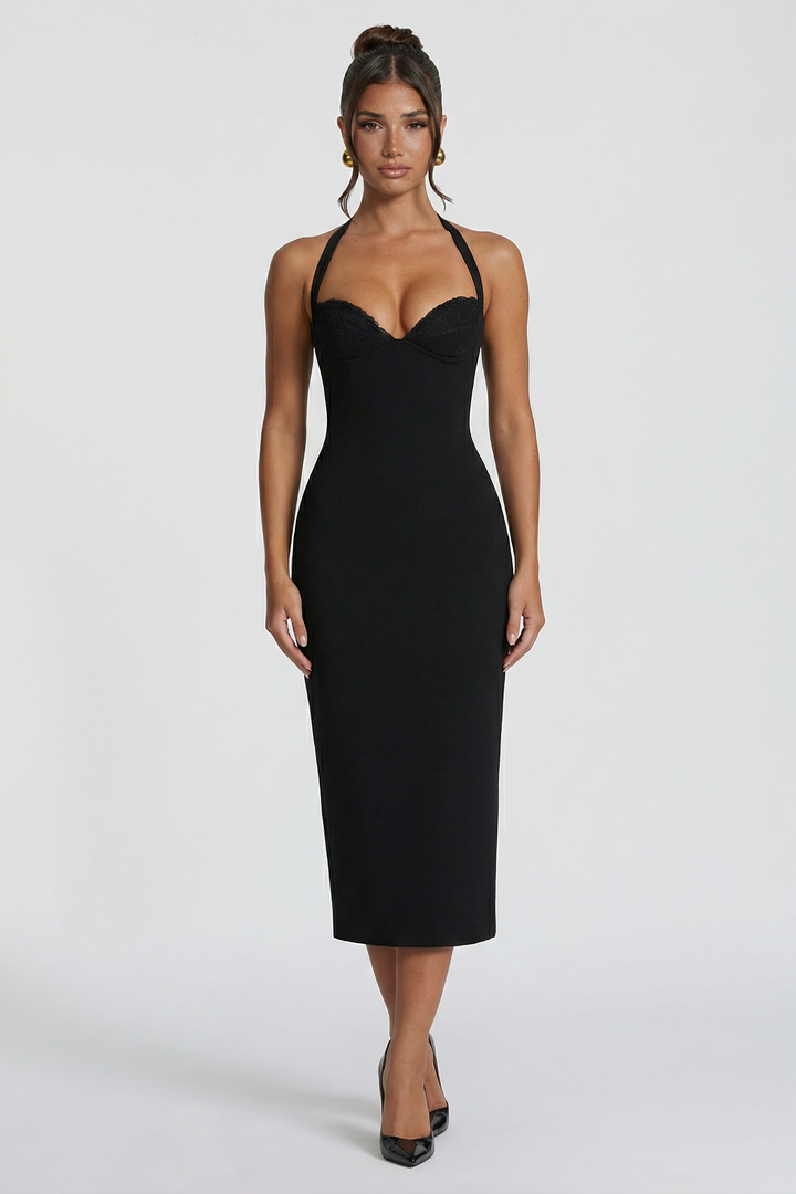 Woman wearing elegant halter midi dress
