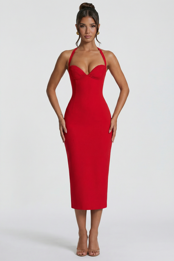 Woman wearing elegant halter midi dress