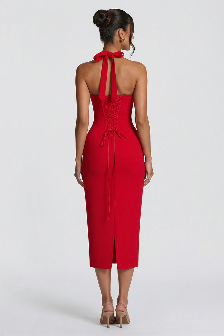 Woman wearing elegant halter midi dress
