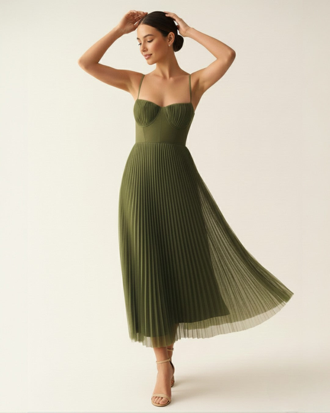 Woman wearing pleated midi dress