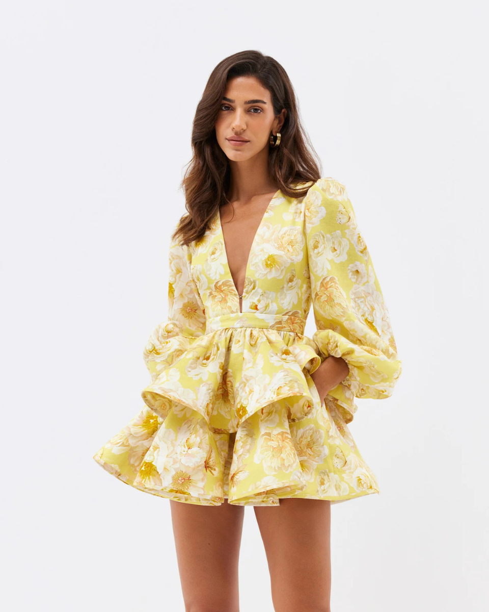 Woman wearing floral mini party dress