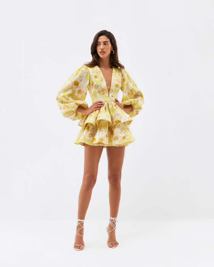 Woman wearing floral mini party dress