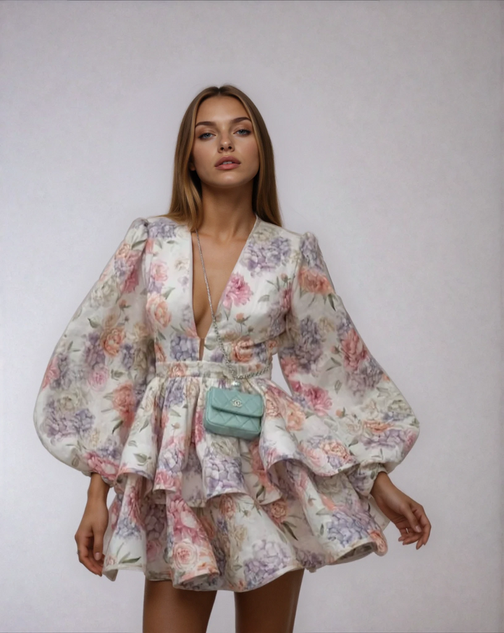 Woman wearing floral mini party dress