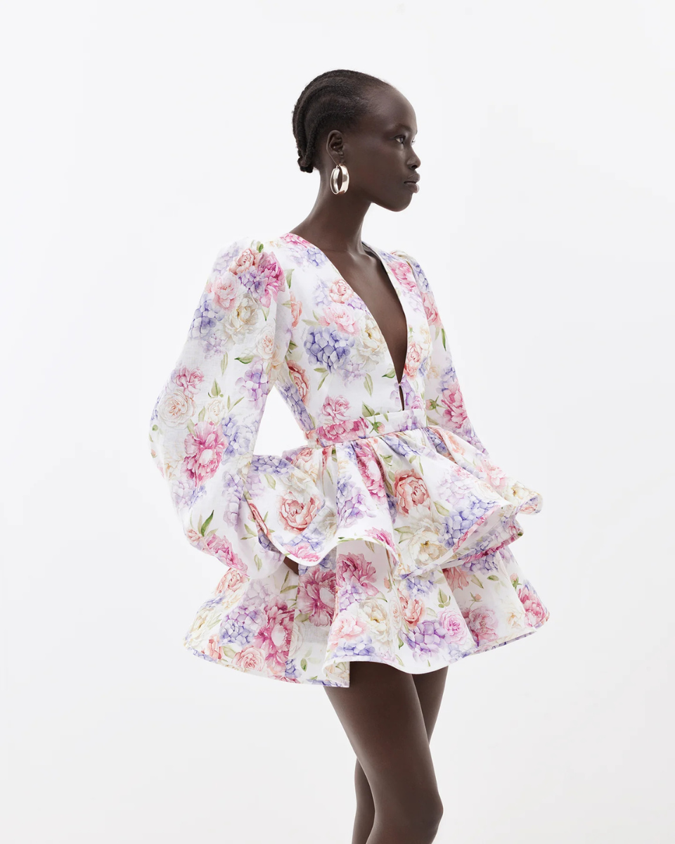 Woman wearing floral mini party dress