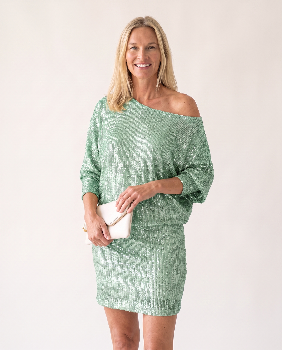 Woman wearing adalyn sequin party dress with radiant glamour