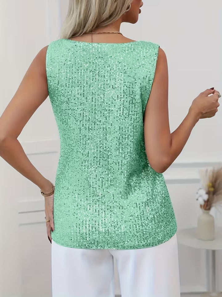 Nolwenn Perrigault sequin V neck sleeveless tank top with wide-set straps and a curved hem