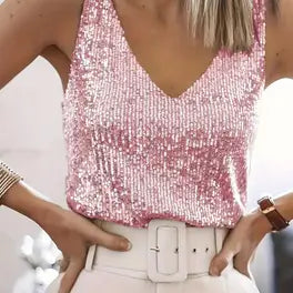 Nolwenn Perrigault sequin V neck sleeveless tank top with wide-set straps and a curved hem