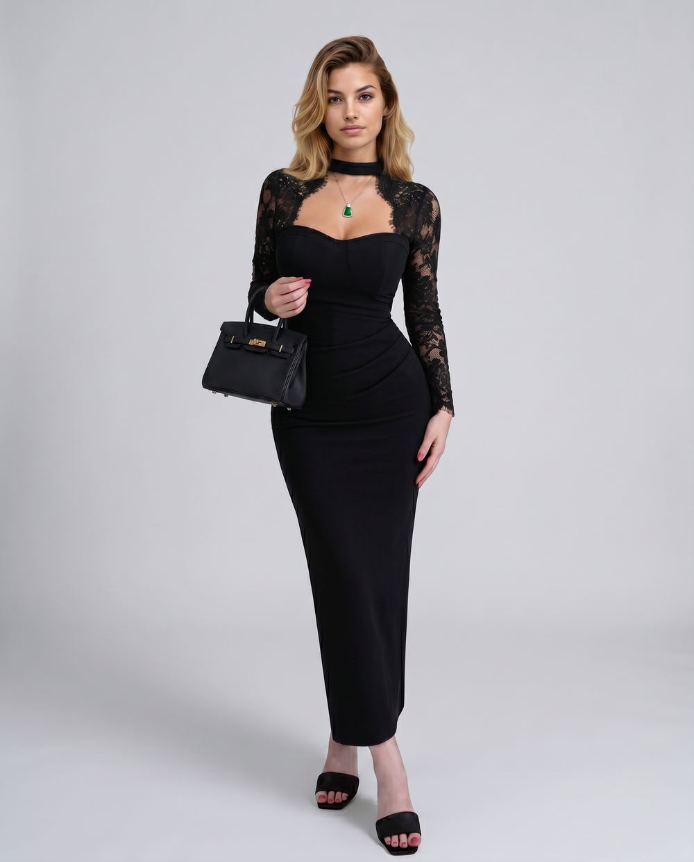 Woman wearing lace sleeve evening maxi dress