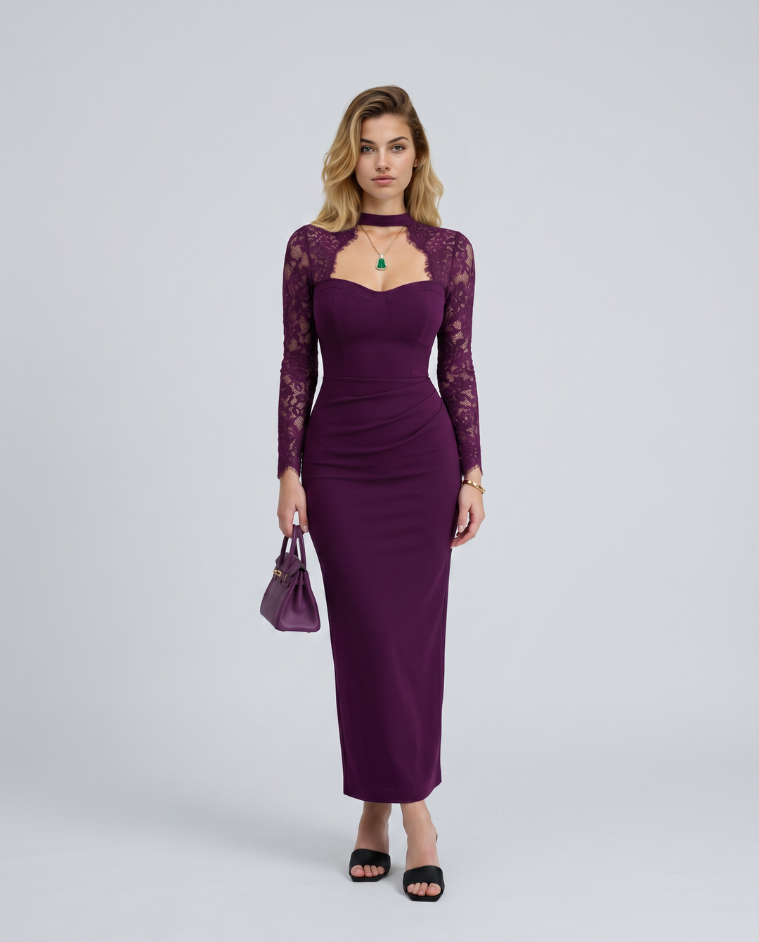 Woman wearing lace sleeve evening maxi dress