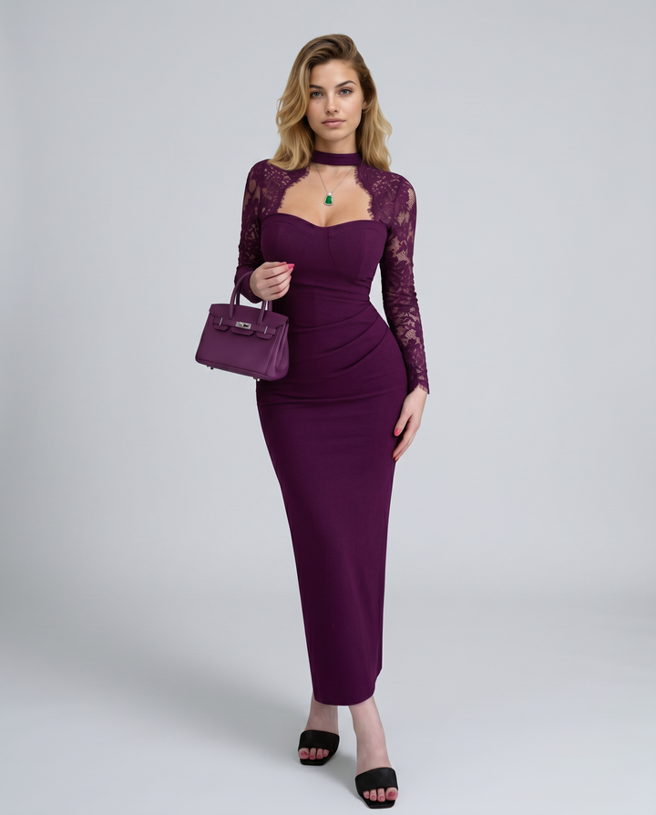 Woman wearing lace sleeve evening maxi dress
