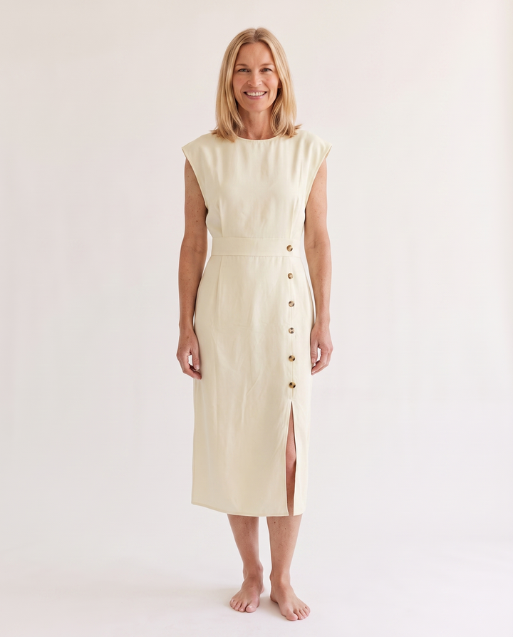 Woman wearing elegant midi office dress