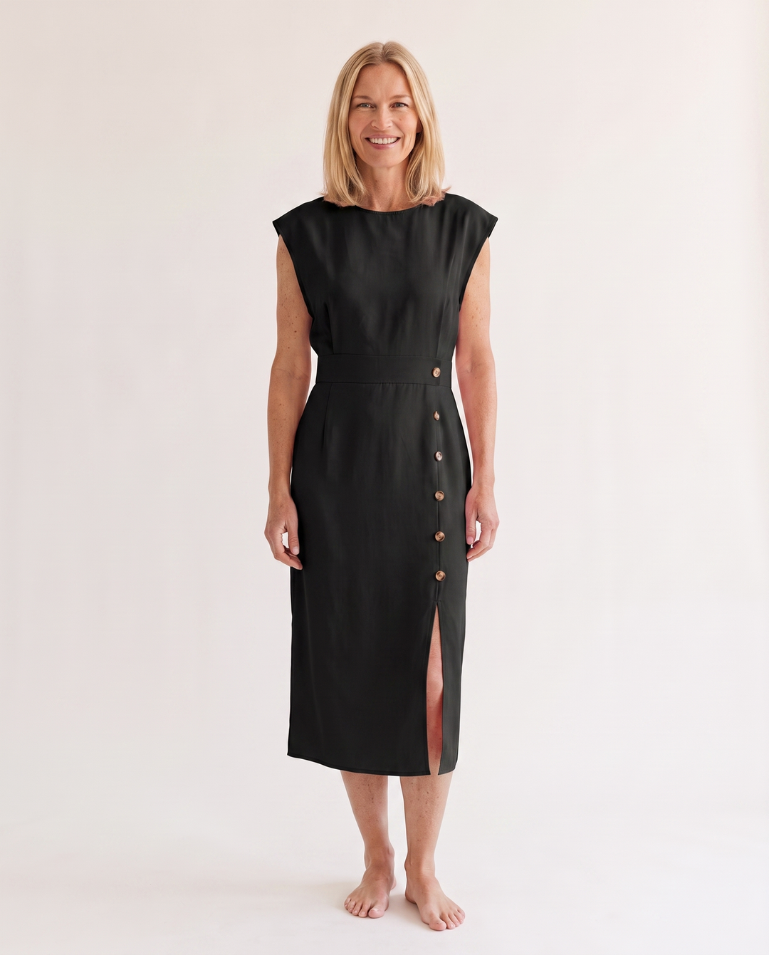 Woman wearing elegant midi office dress