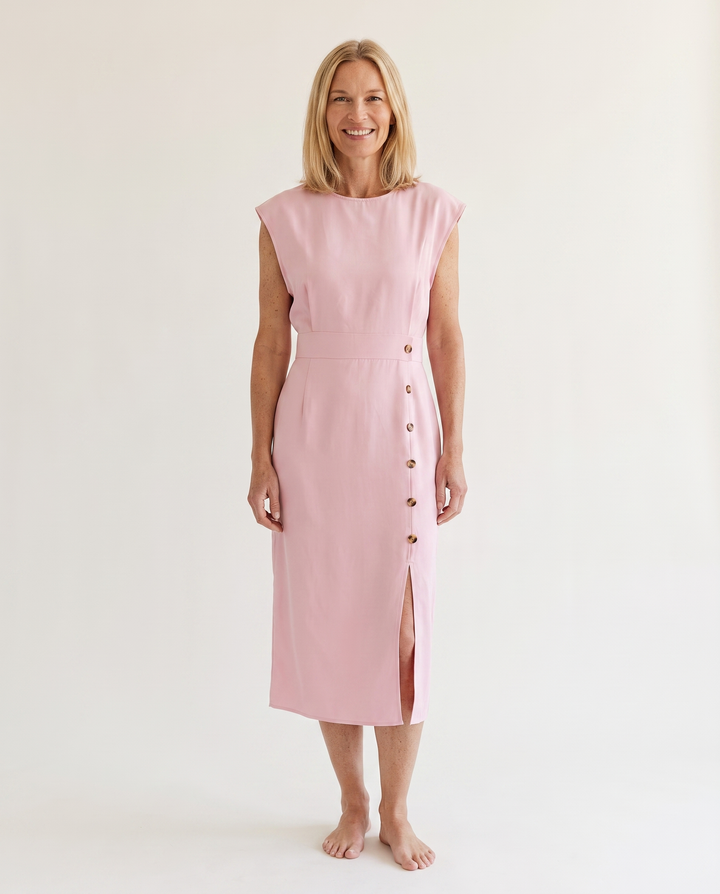 Woman wearing elegant midi office dress