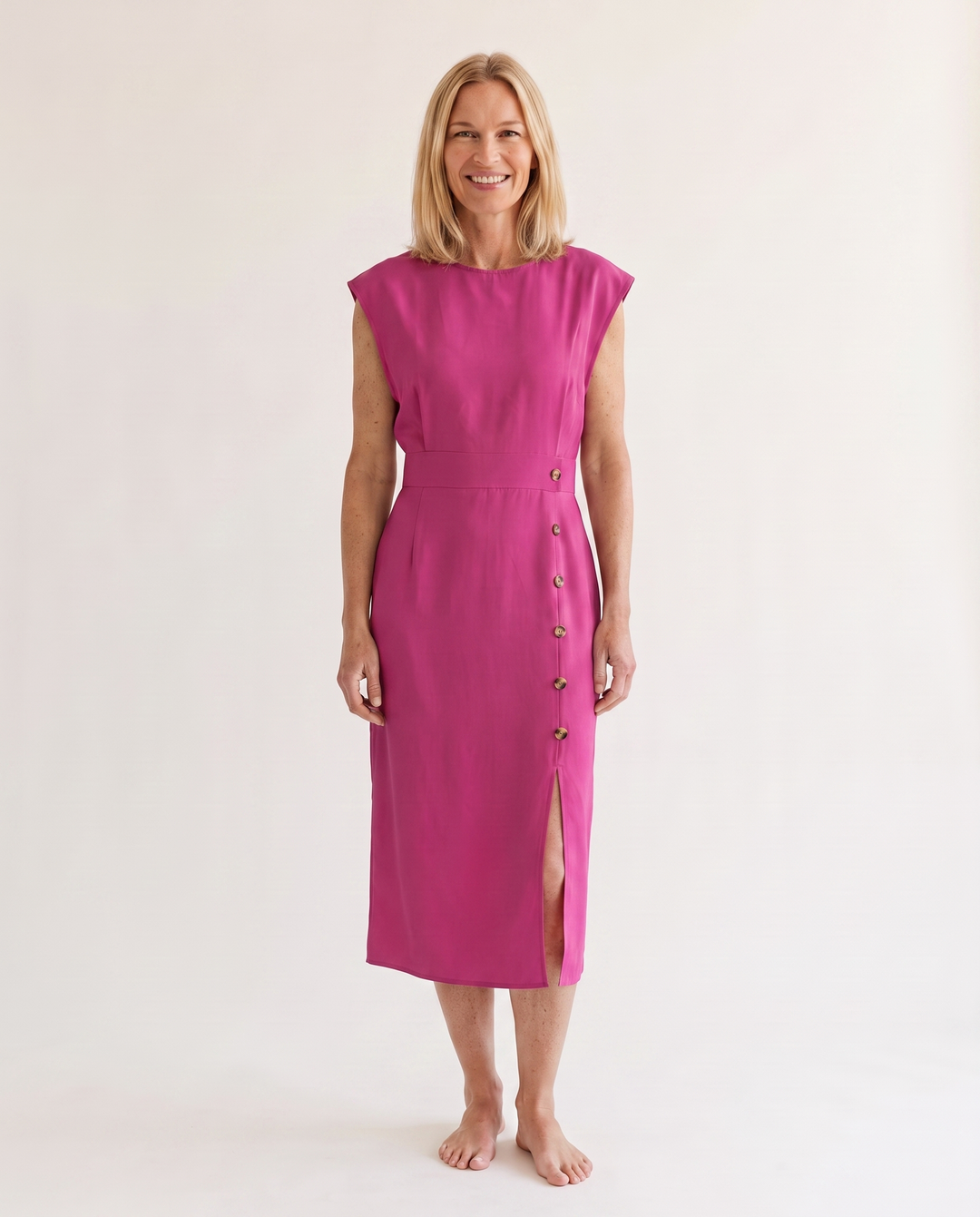 Woman wearing elegant midi office dress
