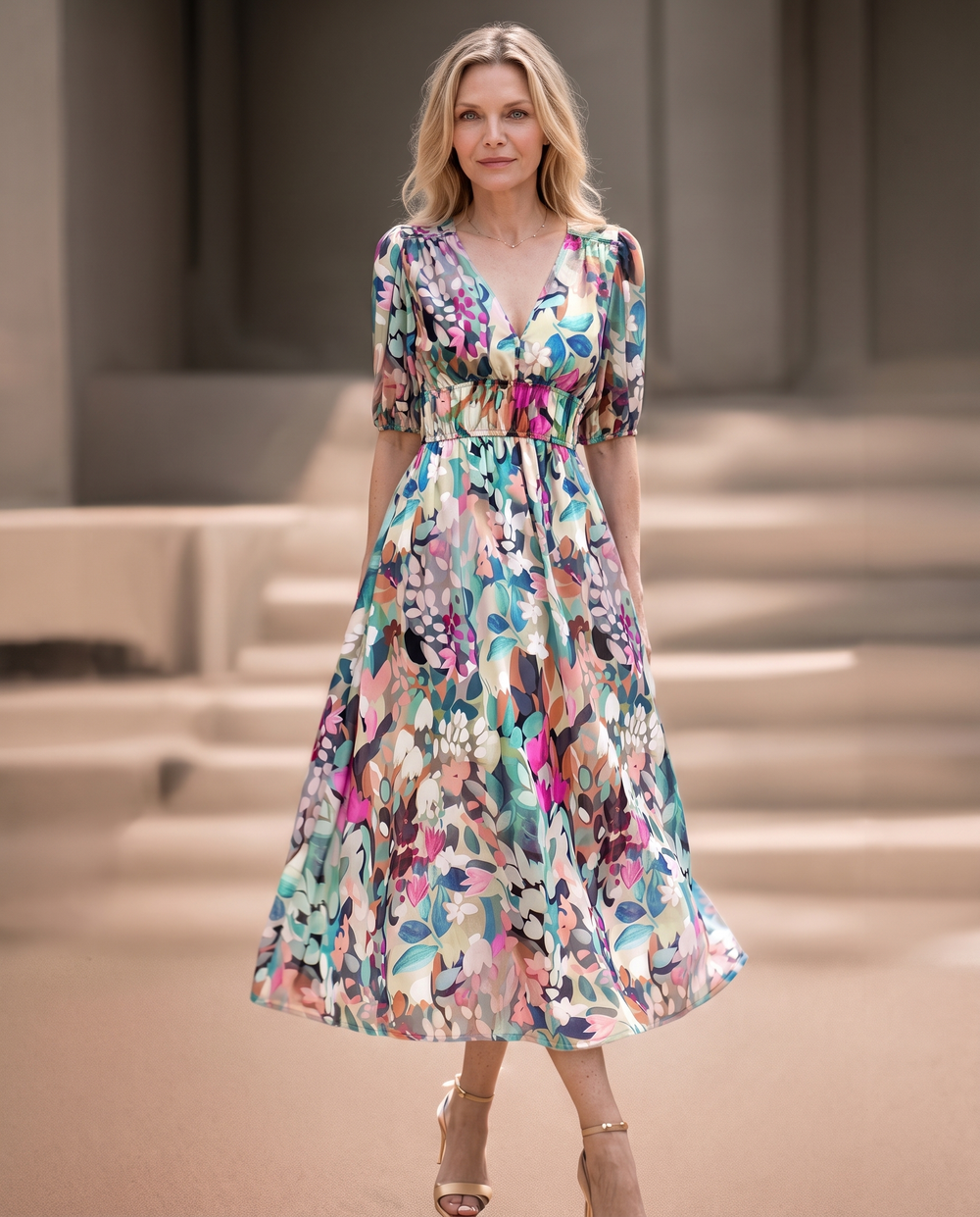 Woman wearing romantic floral midi dress