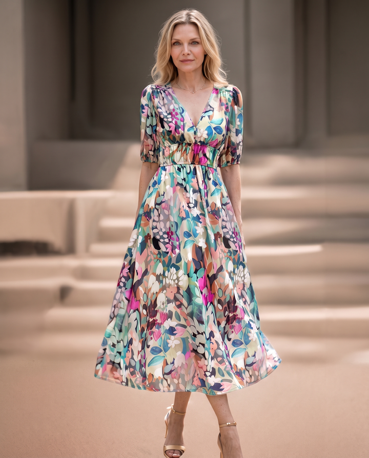 Woman wearing romantic floral midi dress