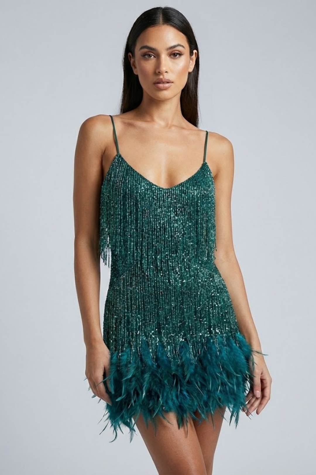 Woman wearing sequin feather mini dress