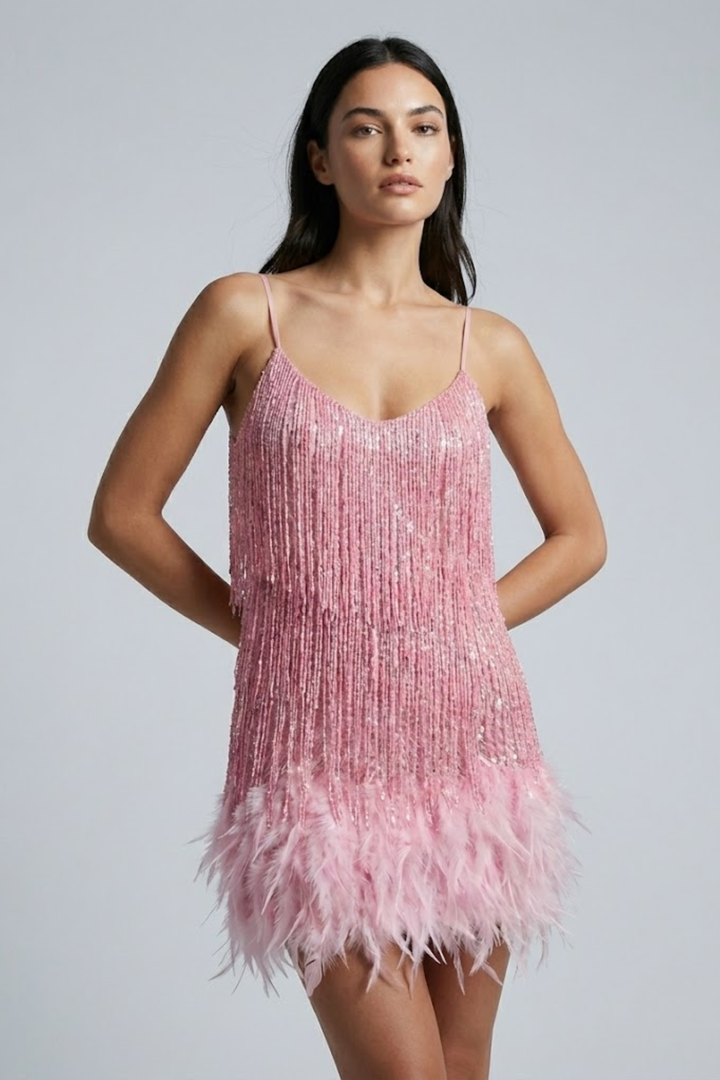 Woman wearing sequin feather mini dress
