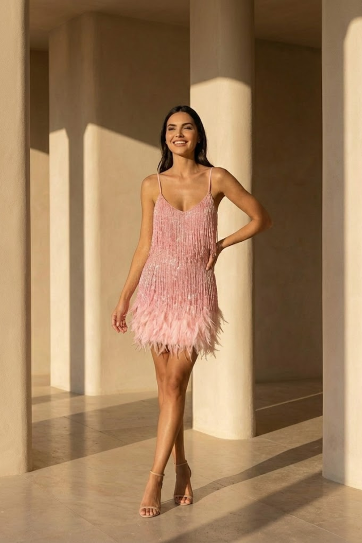 Woman wearing sequin feather mini dress