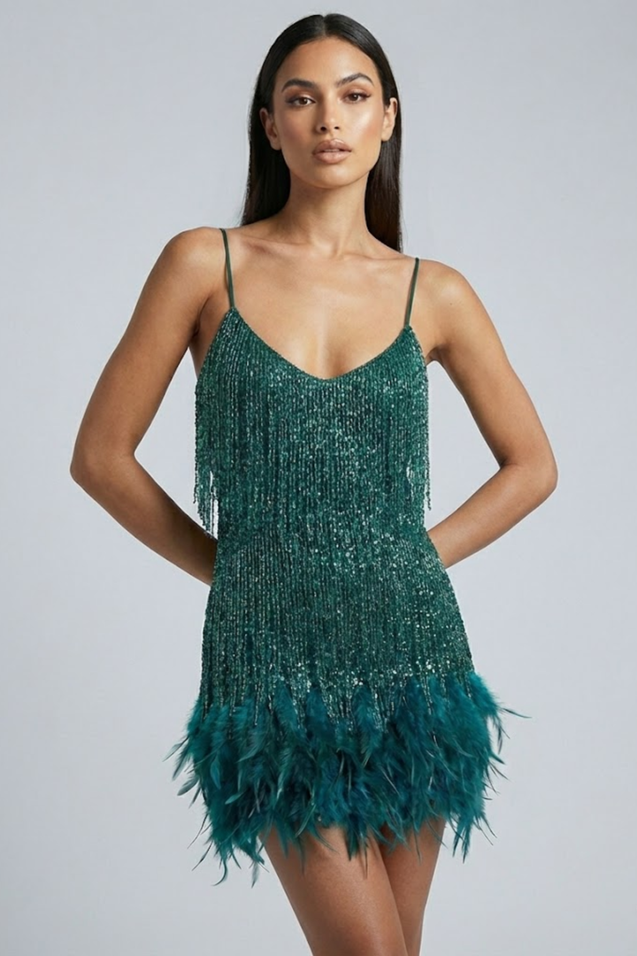 Woman wearing sequin feather mini dress