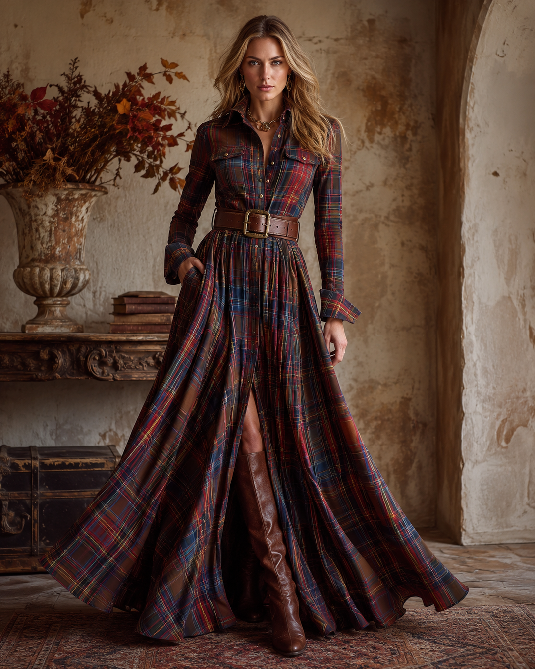 Rosalie Bertrand | Tartan Plaid Belted Shirt Maxi Dress - Image 1