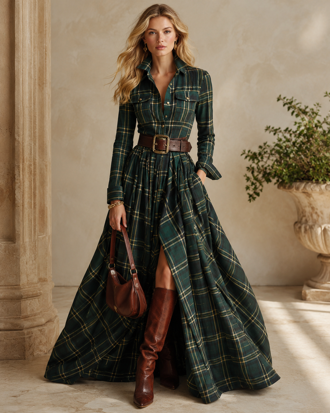 Rosalie Bertrand | Tartan Plaid Belted Shirt Maxi Dress - Image 2