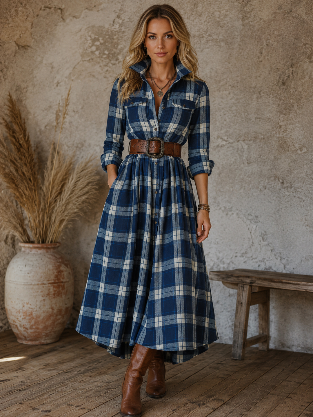 Rosalie Bertrand | Tartan Plaid Belted Shirt Maxi Dress - Image 4