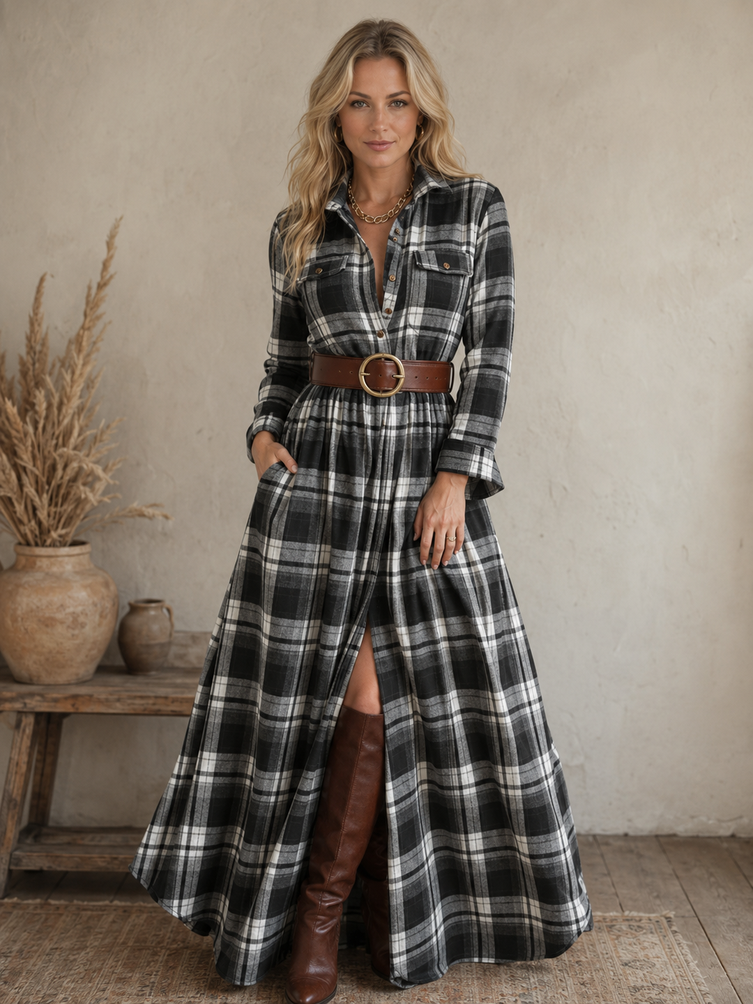 Rosalie Bertrand | Tartan Plaid Belted Shirt Maxi Dress - Image 5