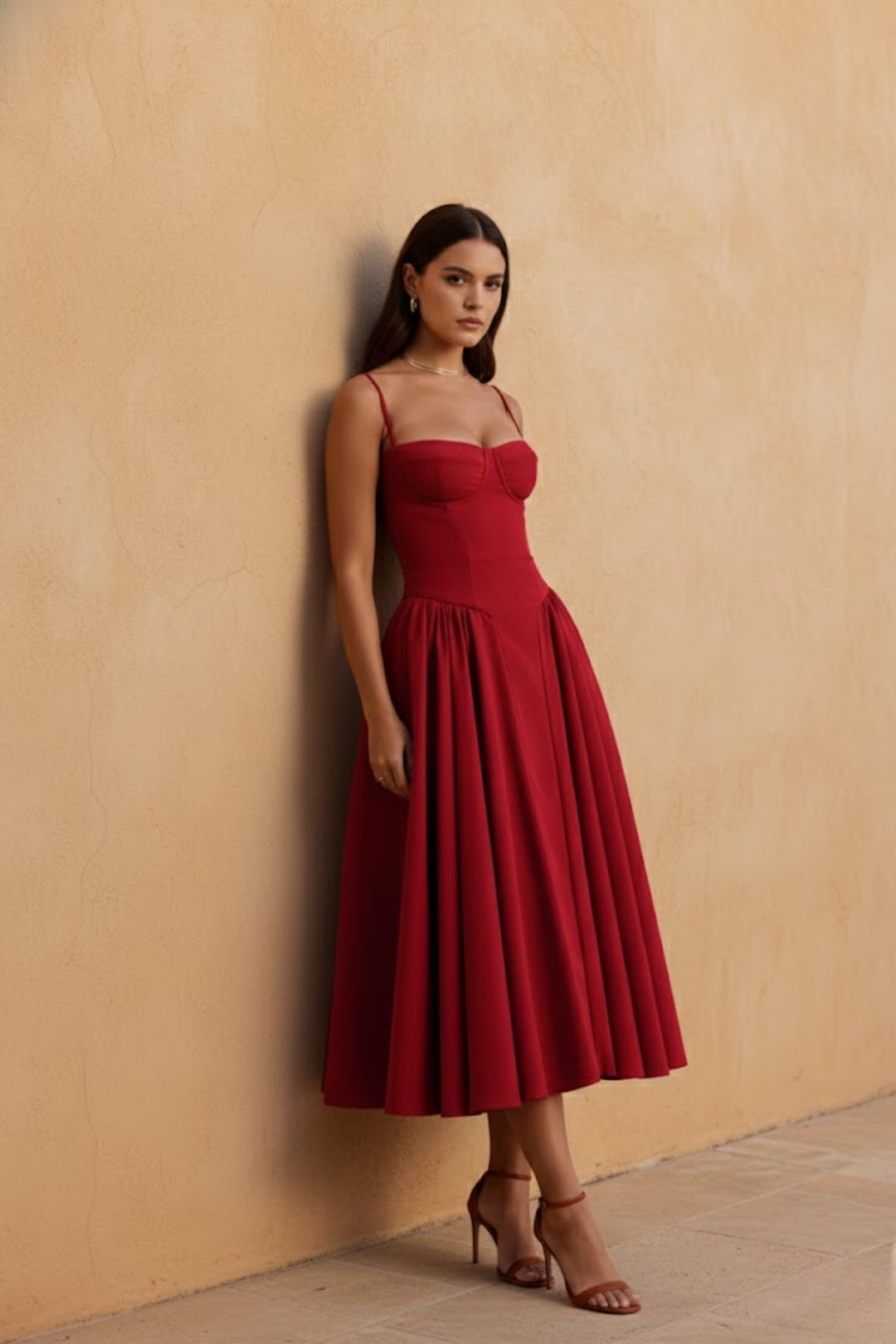 Woman wearing sage green midi dress