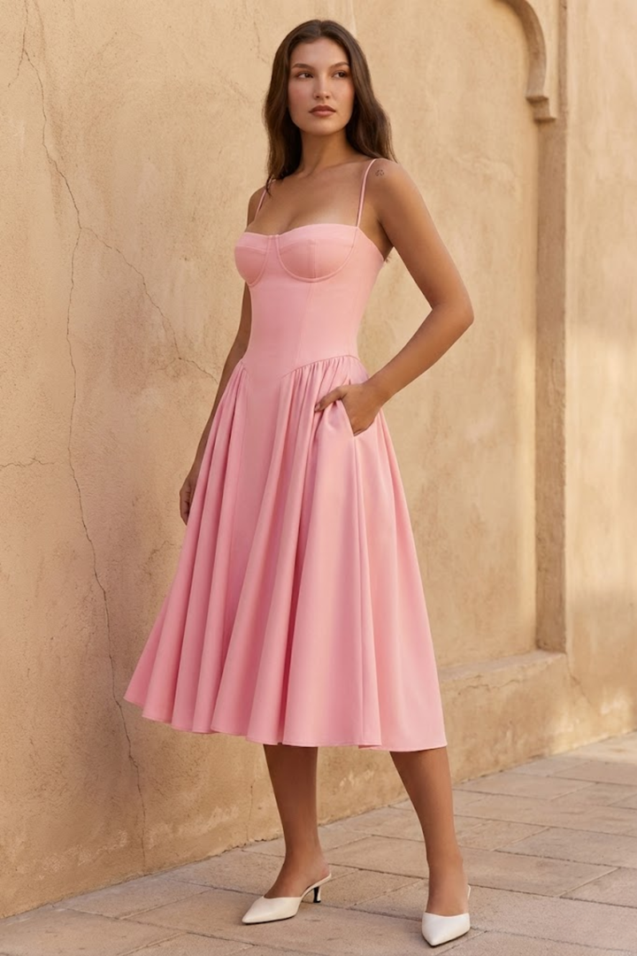 Woman wearing sage green midi dress