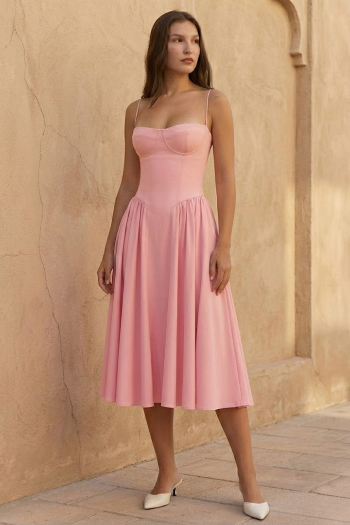 Woman wearing sage green midi dress