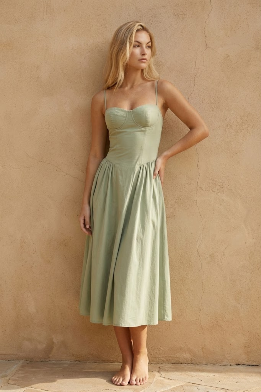 Woman wearing sage green midi dress