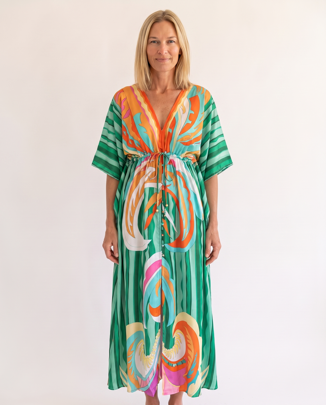 Woman wearing bohemian resort maxi dress
