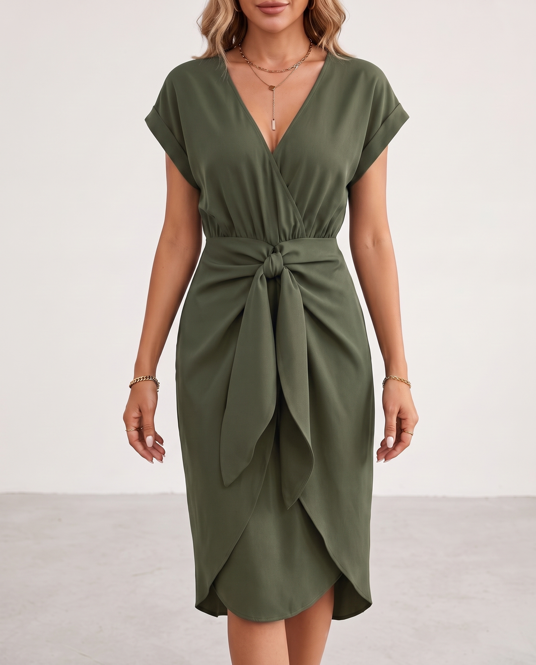 Woman wearing midi wrap dress with tie waist